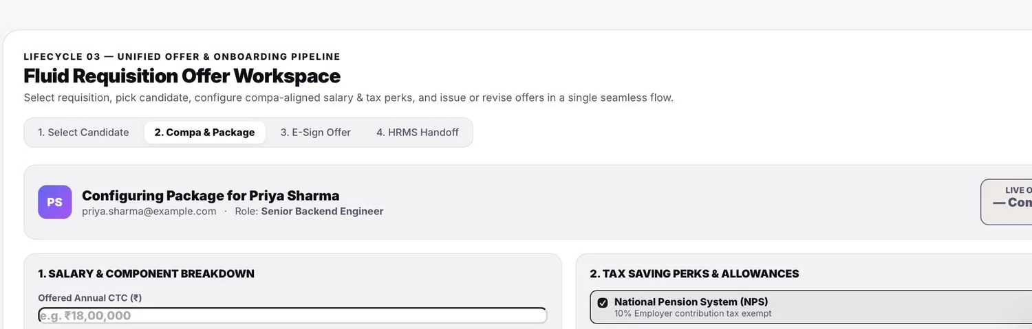 Offer workspace showing salary breakdown and tax saving allowances