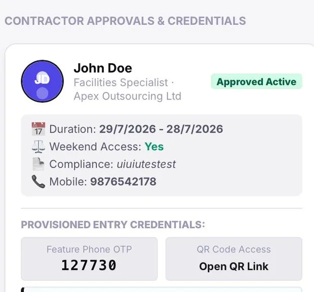 Contractor credentials showing a feature phone OTP and a QR access link