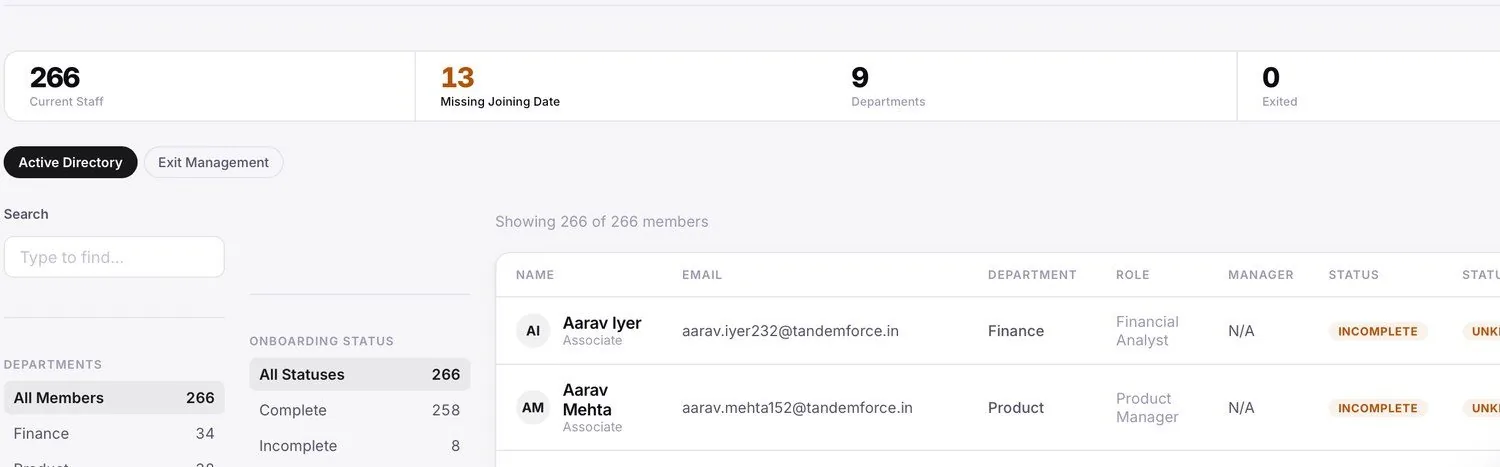 Employee directory with departments, onboarding status and statutory columns