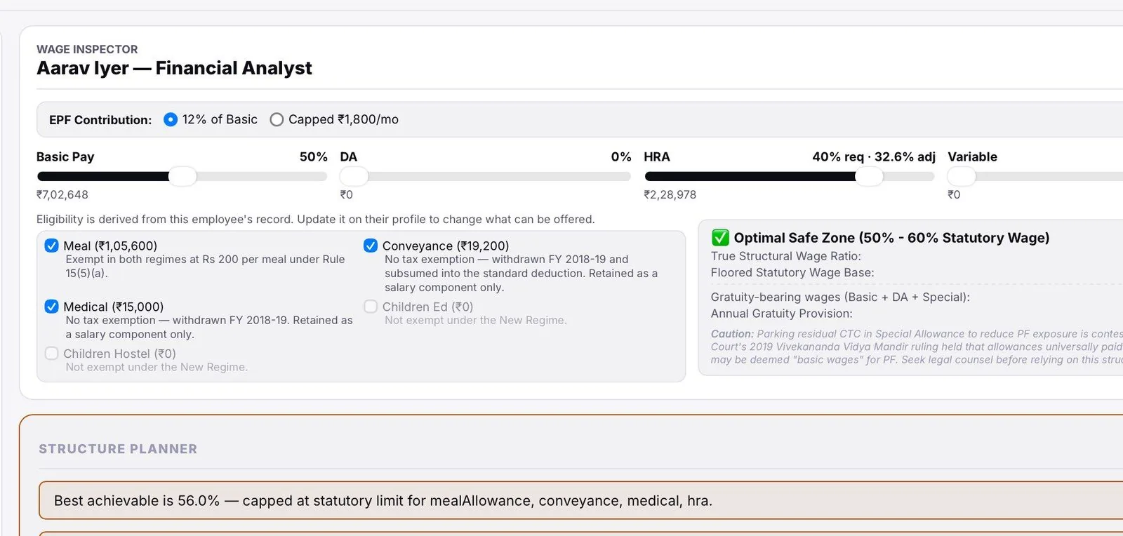 Wage inspector with basic pay, DA and HRA sliders and an optimal safe zone panel